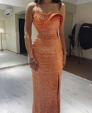 Niulatu Evening Dress Spaghetti Strap Pearls Beaded Sequin Lace Straight Dresses HZ1007
