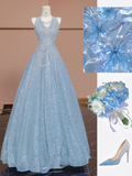 Niulatu Baby Blue A Line Halter Sequin Beaded Tulle Long Prom Dress Party Dress HZ0113