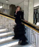 Niulatu Evening Dress Puffy Skirt Long Sleeve Satin Mermaid Dubai Formal Evening Party Gowns HZ1007
