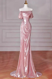 Niulatu Mermaid Off Shoulder Long Prom Dress Pink Birthday Evening Dress HZ1007
