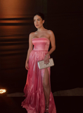 Niulatu Pink A-line Strapless Side Slit Long Party Prom Dresses HZ0113