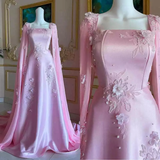 Niulatu Pink Satin Long A Line Evening Dress Pretty Appliques Prom Dress HZ1007