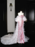 Niulatu Pink Strapless Sequins Feathers Mermaid Evening Dress Slit Prom Dress HZ1007