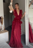 Niulatu Burgundy Chiffon Ruffles Evening Dress Slit Prom Dress HZ1007