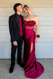 Niulatu Strapless Burgundy Lace Appliques Long Prom Dress Slit Mermaid Evening Gown HZ1007