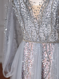 Niulatu Blue V Neck Sequins Beaded Tulle Prom Dress A Line Backless Evening Dress HZ1007