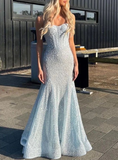 Niulatu Sequins Beaded Mermaid Evening Dress Blue Straps Prom Dress HZ1007
