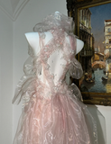 Niulatu Pink Tulle Beaded Prom Dress Long Backless Evening Dress HZ1007