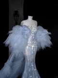 Niulatu Mermaid Sequin Beaded Evening Dress Blue Tulle Prom Dress HZ1007