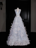 Niulatu V Neck Tulle Beaded Feathers A Line Prom Dress Evening Dress HZ1007