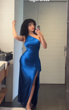 Niulatu Blue One Shoulder Sheath Prom Dress Side Slit Evening Dress HZ1007