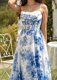 Niulatu Blue Chiffon Print Floral Slit Prom Dress Spaghetti Straps Evening Gown HZ1007