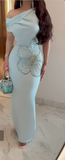 Niulatu One Shoulder Satin Beaded Prom Dress Blue Evening Dress HZ1007