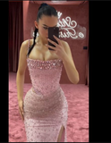 Niulatu Pink Mermaid Beaded Evening Gown Spaghetti Straps Slit Long Prom Party Dress HZ1007