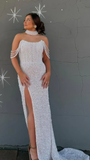 Niulatu Pearl Sequins Mermaid Prom Dresses Off The Shoulder Evening Dress With Split HZ1007