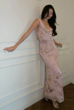 Niulatu Pink Chiffon Print Floral Long Evening Dress Sheath Prom Dress HZ1007