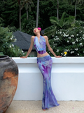 Niulatu Piece Mermaid Halter Purple Print Floral Chiffon Long Prom Dress Outfits HZ0113