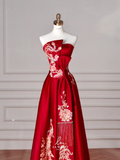 Niulatu Red Satin Sequin Embroidery A Line Prom Dress Strapless Evening Dress HZ1007