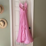 Niulatu Pink Spaghetti Straps Satin Beaded Evening Dress Long Prom Dress HZ1007