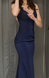 Niulatu Navy Blue Mermaid V Neck Prom Dress Navy Blue Evening Dress HZ1007