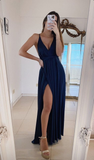 Niulatu V-Neck Long Prom Dress Evening Dress with Slit HZ1007