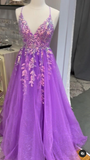 Niulatu V Neck Tulle Lace Appliques Long Prom Dress High Slit Evening Dress HZ1007