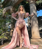 Niulatu Pink Satin Beaded Mermaid Slit Prom Dress Evening Dress With Gloves HZ1007