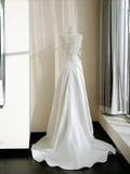 Niulatu Strapless Satin Pearls Chain White Prom Dress A Line Evening Dress HZ1007