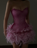 Niulatu Pink Strapless Beaded Tulle Feather Short Prom Dress HZ0113