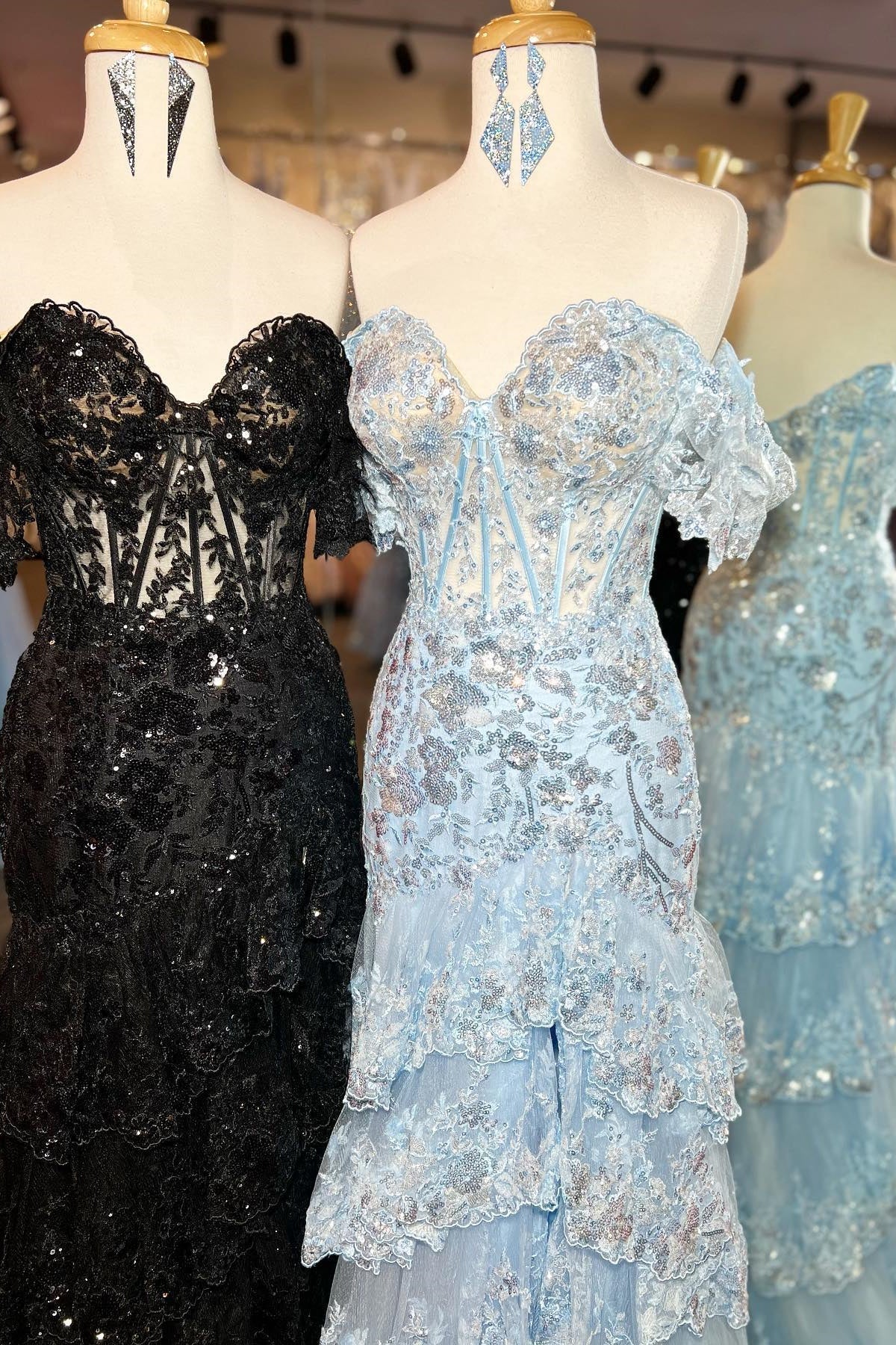 Off the Shoulder Light Blue Appliques Tiered Ruffle Long Prom HZ0308