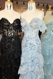 Off the Shoulder Light Blue Appliques Tiered Ruffle Long Prom HZ0308