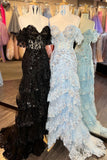 Off the Shoulder Light Blue Appliques Tiered Ruffle Long Prom HZ0308