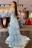 Off the Shoulder Light Blue Appliques Tiered Ruffle Long Prom HZ0308