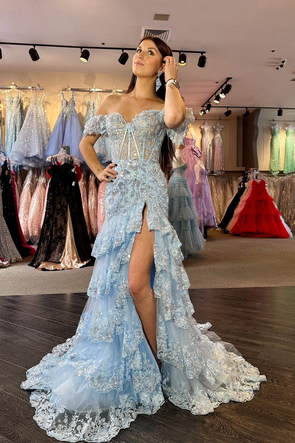 Off the Shoulder Light Blue Appliques Tiered Ruffle Long Prom HZ0308