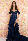 Off the Shoulder Light Blue Appliques Tiered Ruffle Long Prom HZ0308