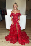 Off the Shoulder Light Blue Appliques Tiered Ruffle Long Prom HZ0308