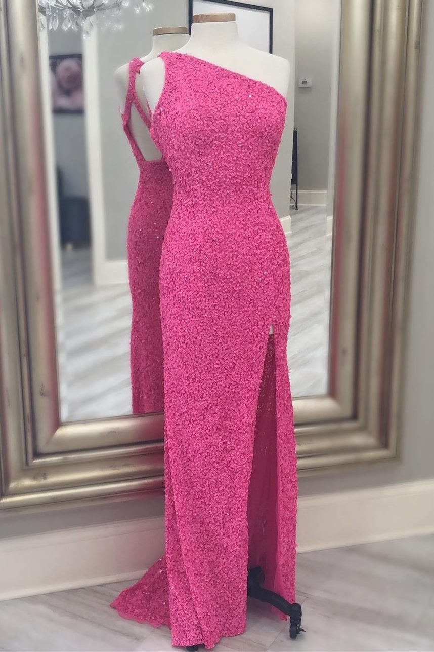 One Shoulder Hot Pink Sequins Mermaid Long Prom HZ0308