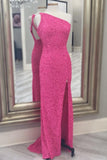 One Shoulder Hot Pink Sequins Mermaid Long Prom HZ0308