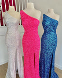 One Shoulder Hot Pink Sequins Mermaid Long Prom HZ0308