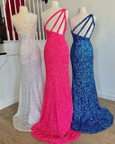 One Shoulder Hot Pink Sequins Mermaid Long Prom HZ0308