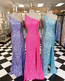 One Shoulder Hot Pink Sequins Mermaid Long Prom HZ0308