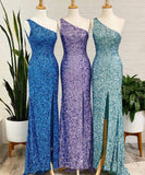 One Shoulder Hot Pink Sequins Mermaid Long Prom HZ0308