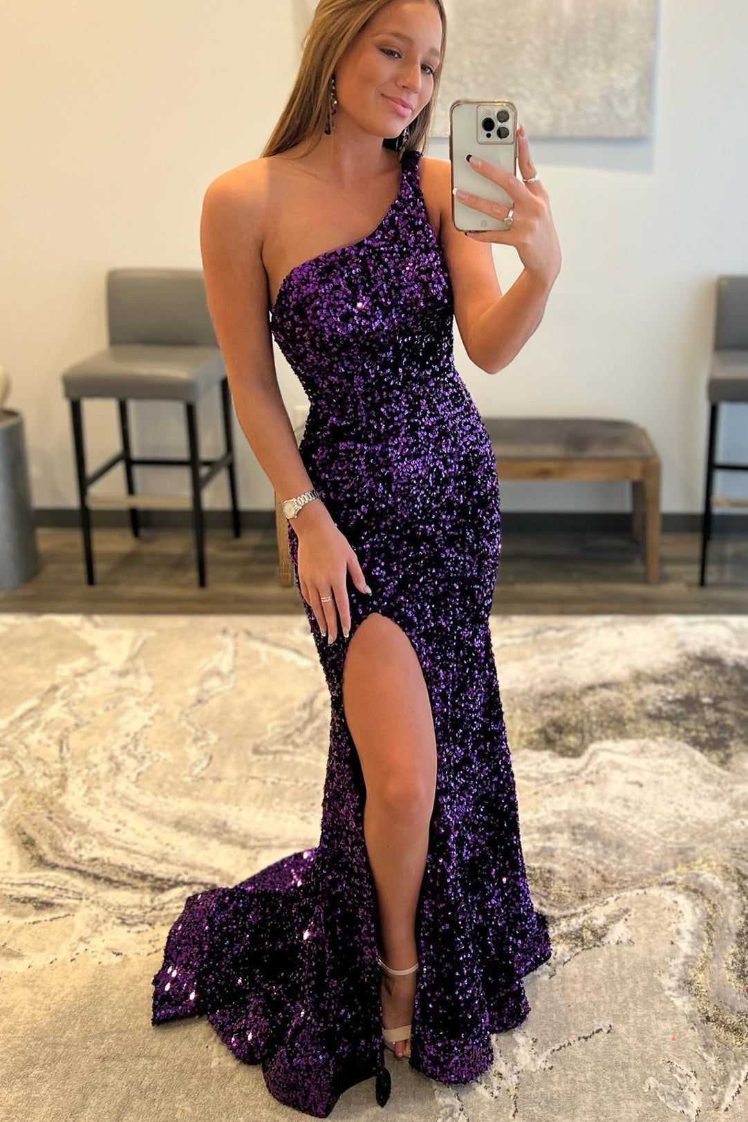 One Shoulder Purple Sequin Mermaid Long Formal HZ0308