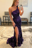 One Shoulder Purple Sequin Mermaid Long Formal HZ0308