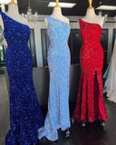 One Shoulder Purple Sequin Mermaid Long Formal HZ0308