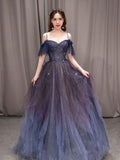 Niulatu tulle off shoulder A-line long prom dress, purple evening dress HZ0113