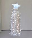 Classy A Line Square Neckline Champagne Tulle Long Prom Dresses HZ1214