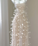 Classy A Line Square Neckline Champagne Tulle Long Prom Dresses HZ1214