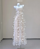 Classy A Line Square Neckline Champagne Tulle Long Prom Dresses HZ1214