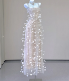 Classy A Line Square Neckline Champagne Tulle Long Prom Dresses HZ1214